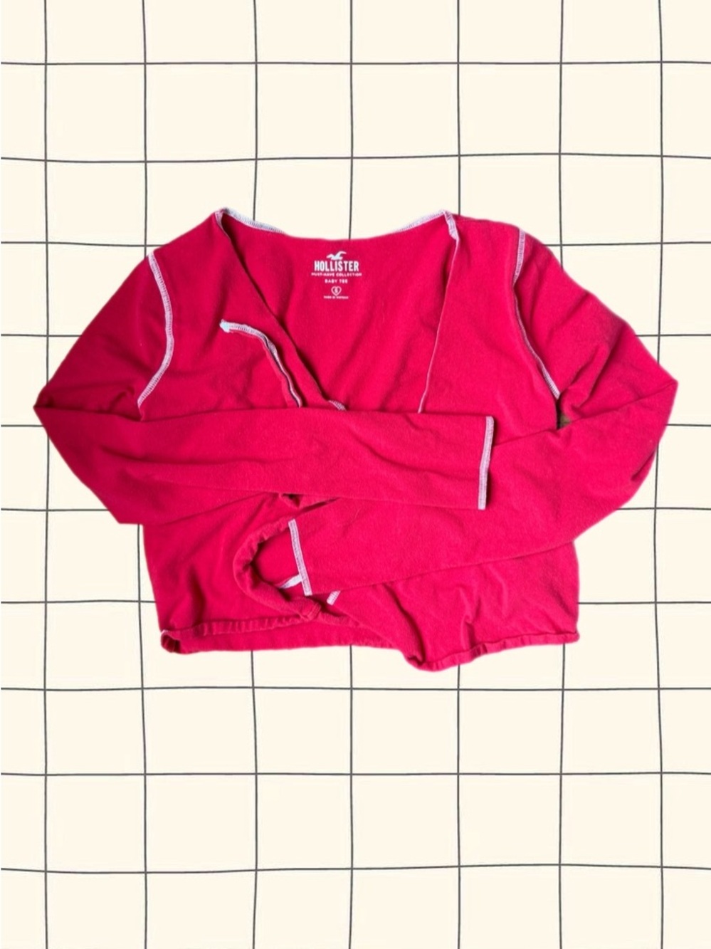 Hollister Hot Pink Long-Sleeve Wrap Crop Top with Contrast Stitching
